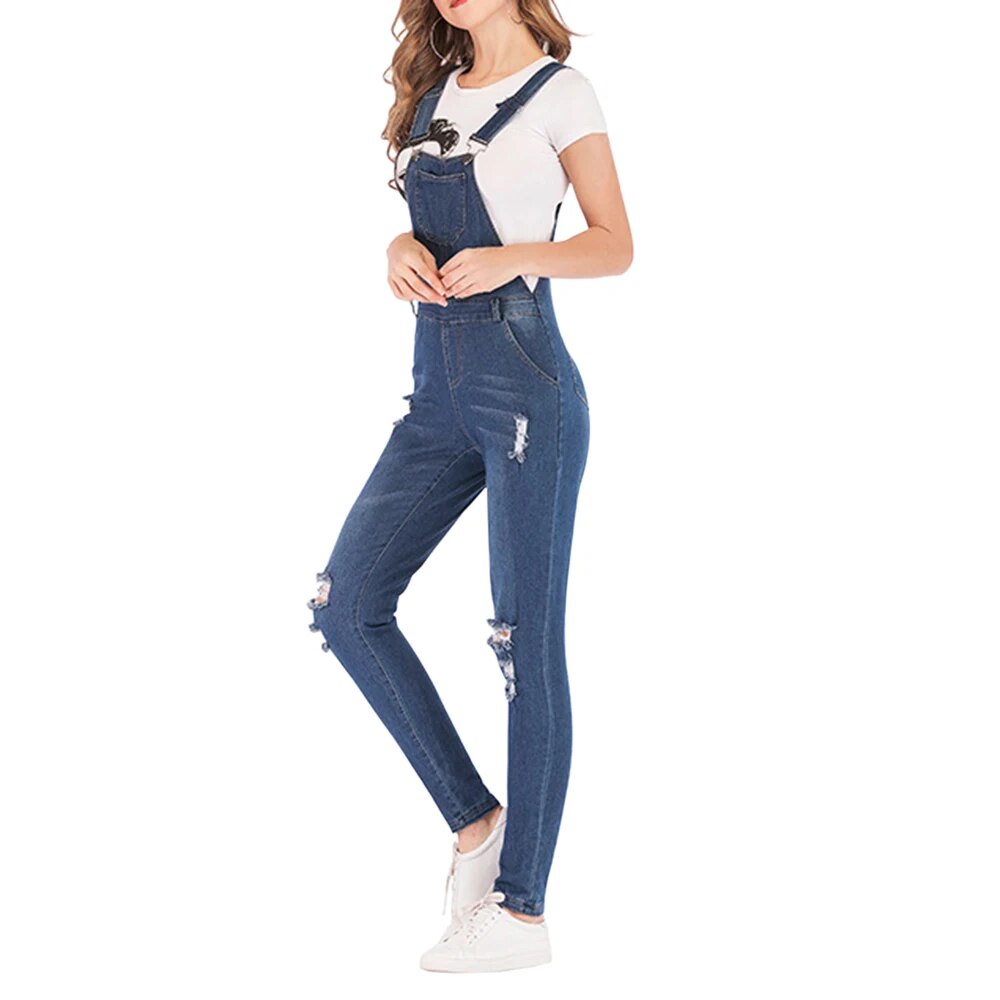 Blue Denim Overalls Jumpsuit Rompers Women Belted Hole Hollow Out