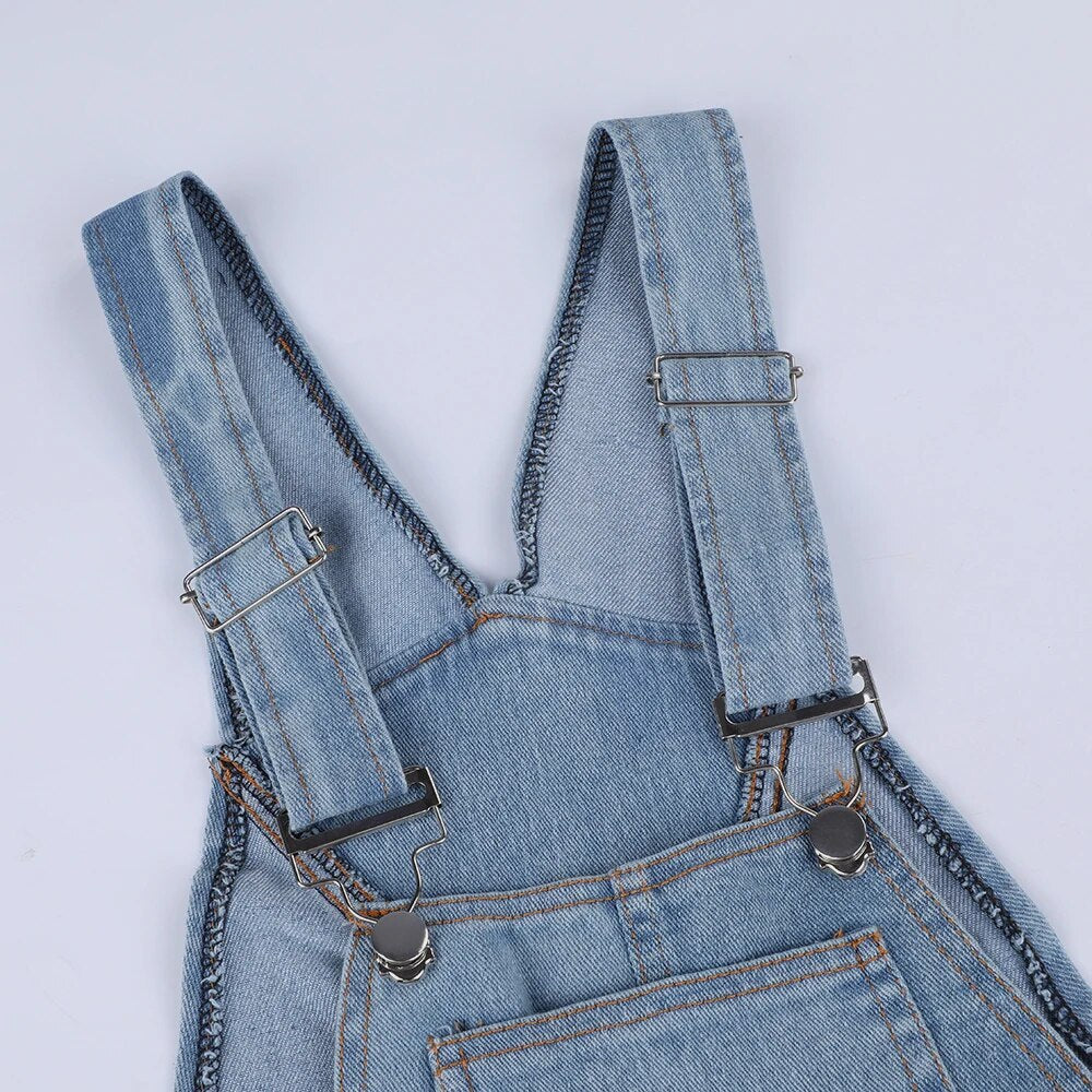 Blue Denim Overalls Jumpsuit Rompers Women Belted Hole Hollow Out