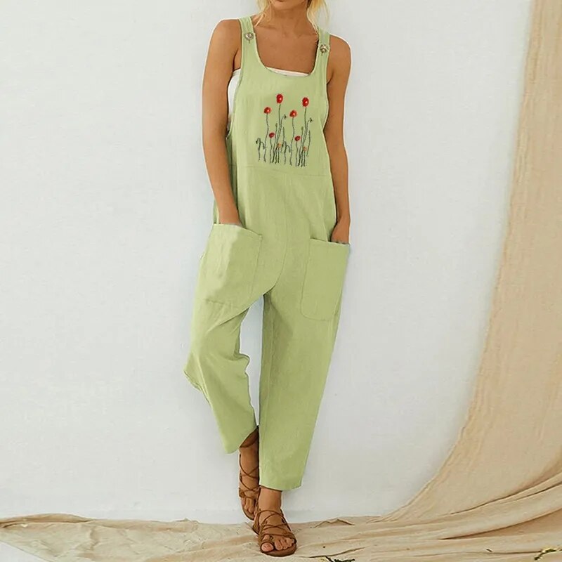 2023 Casual Summer Women Jumpsuits Printing Strap Button  Retro