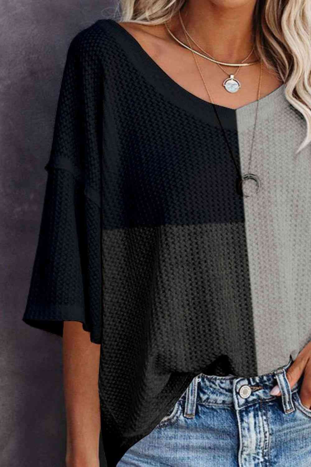 Color Block V-Neck Waffle-Knit Blouse