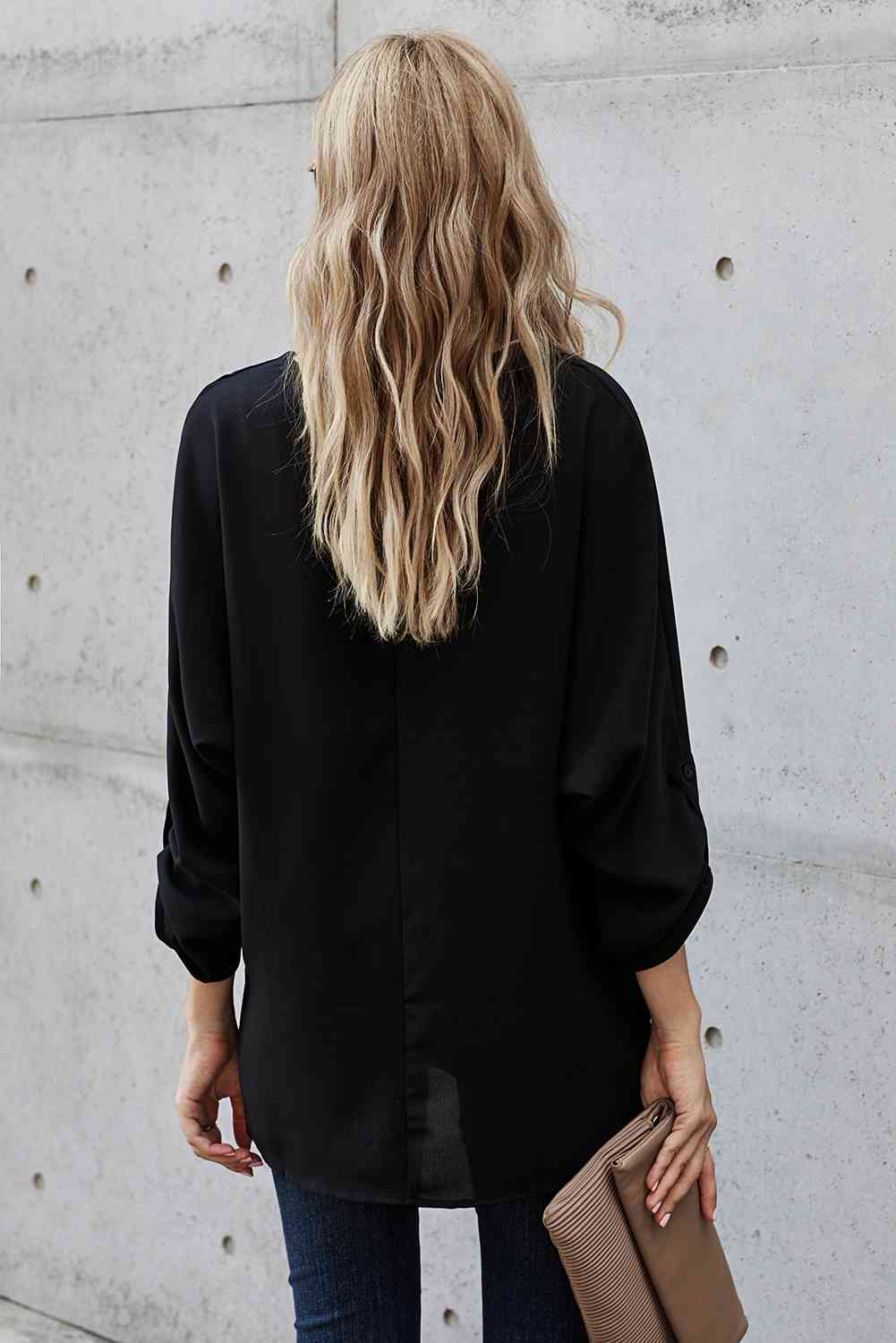 V-Neck Roll-Tab Sleeve Blouse