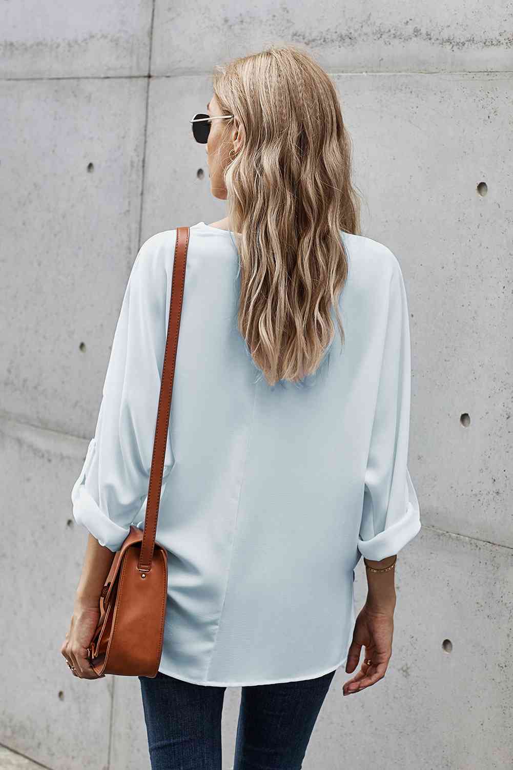 V-Neck Roll-Tab Sleeve Blouse