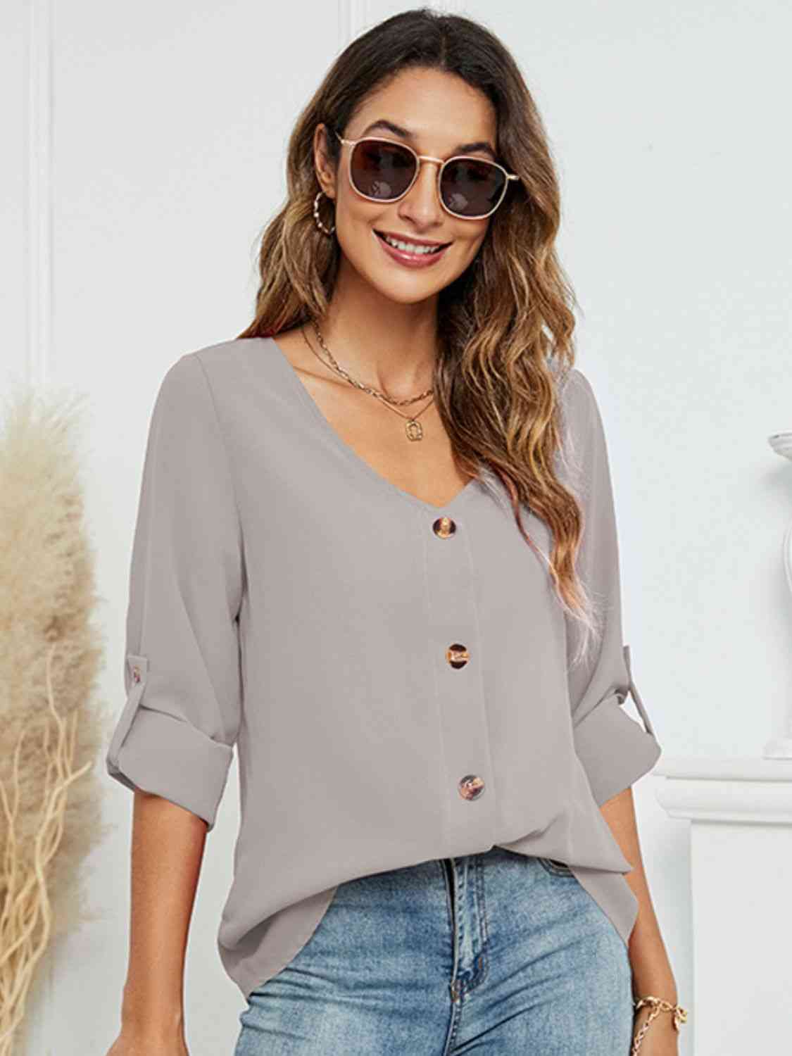 Roll-Tap Long Sleeve V-Neck Buttoned Blouse