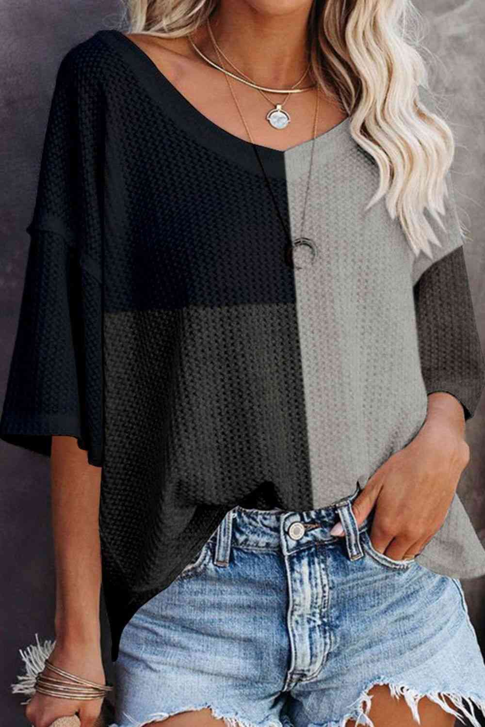 Color Block V-Neck Waffle-Knit Blouse