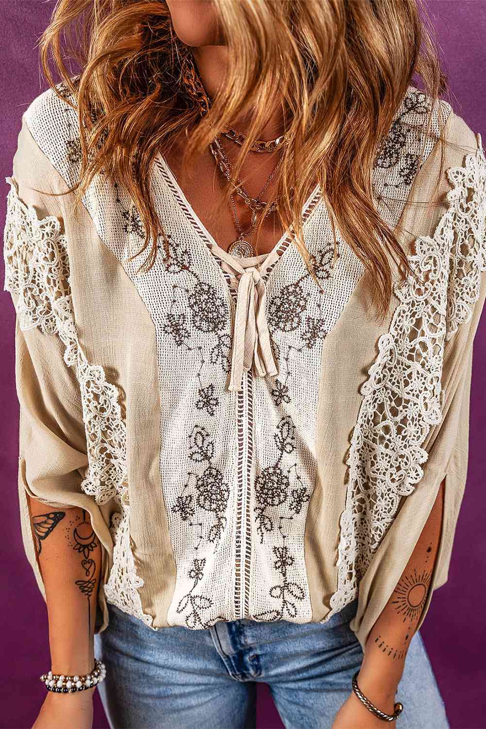 V-Neck Lace Detail Slit Blouse