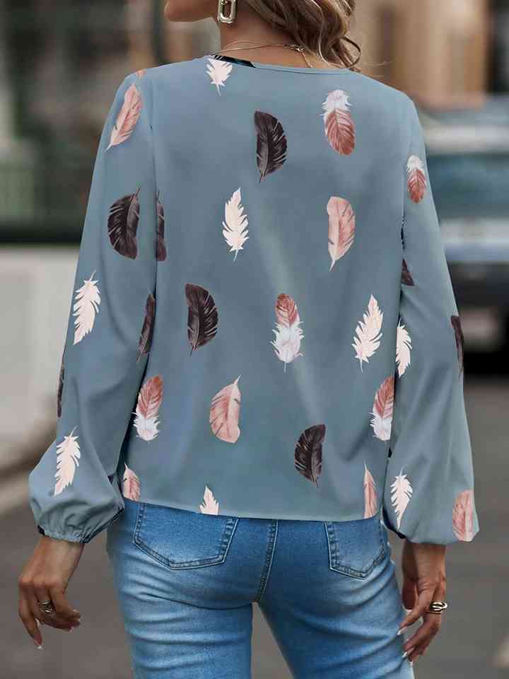 Printed Notched Neck Long Sleeve Blouse