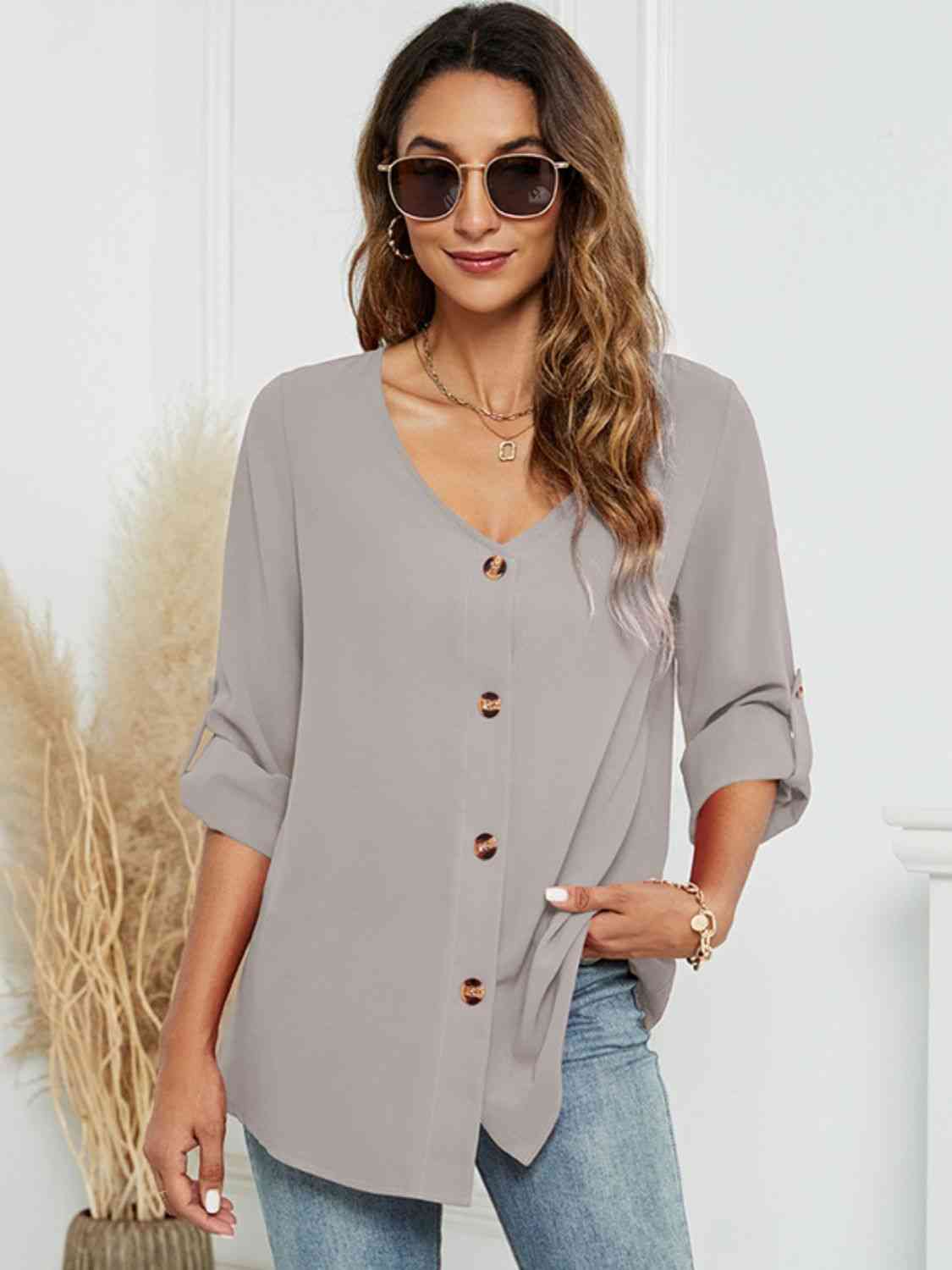 Roll-Tap Long Sleeve V-Neck Buttoned Blouse