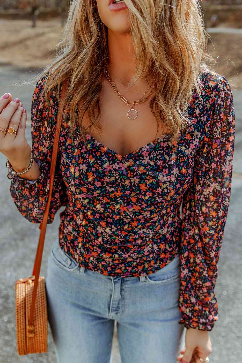 Floral Long Flounce Sleeve Blouse